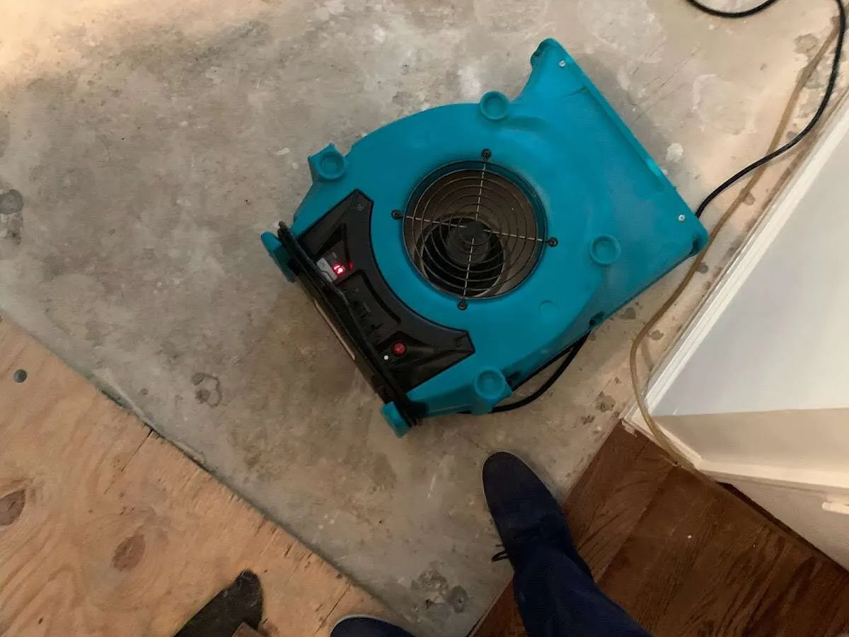 Air mover drying subfloor during Leak Detection & Repair in Herkimer